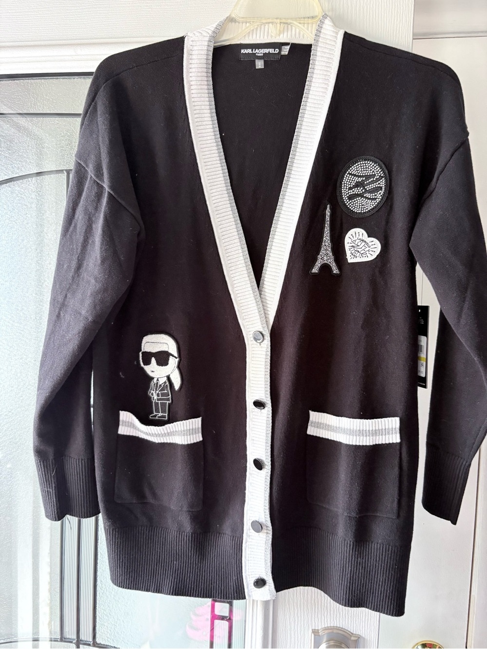 Karl Lagerfeld womens Black Cardigan with White Trim and Patches
